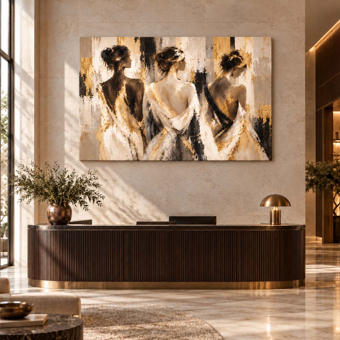 Canvas print of three women in gold-accent dresses displayed above a reception desk in a modern lobby
