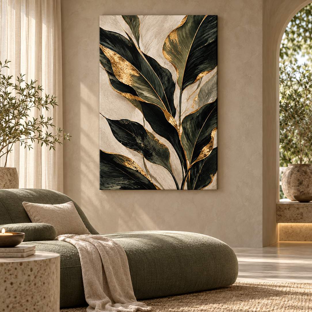 Canvas print of gold-accent green leaves displayed above a green sofa in an arched living room