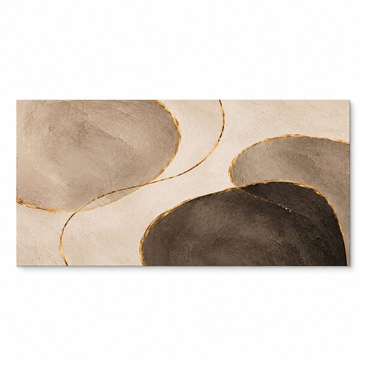 Canvas print of soft pebble-like abstract shapes in beige, taupe, and dark brown with gold outline details, shown on white, Canvas + Varnish