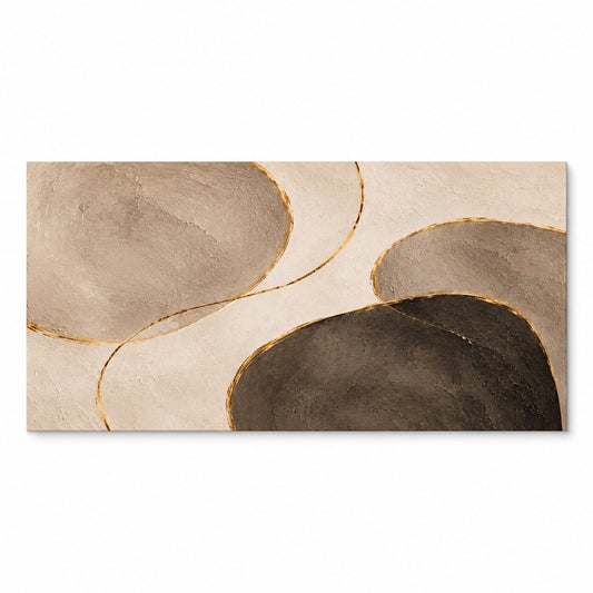 Canvas print of soft pebble-like abstract shapes in beige, taupe, and dark brown with gold outline details, shown on white, Canvas + Varnish