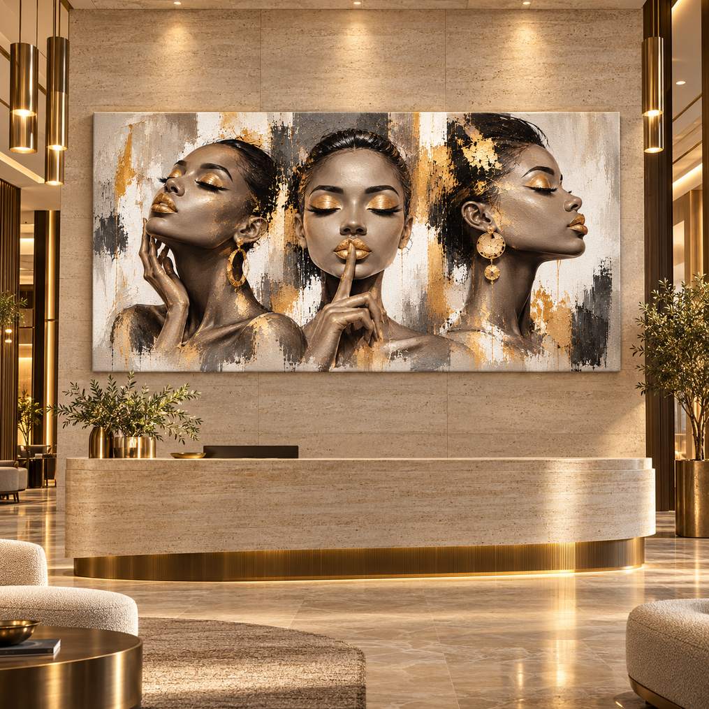 Gold-accent three-women portrait canvas print displayed above a reception desk in a hotel lobby