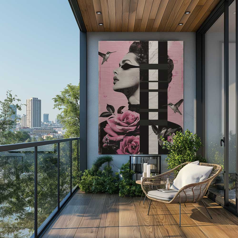 Contemporary pink art with woman and hummingbirds on balcony