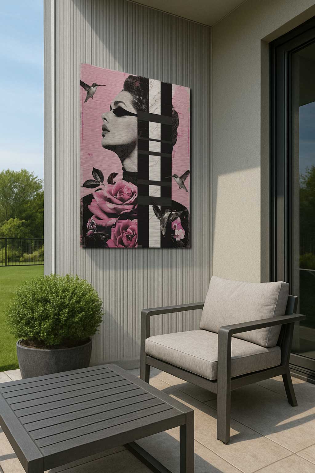 Pink female collage art with birds and roses on outdoor wall