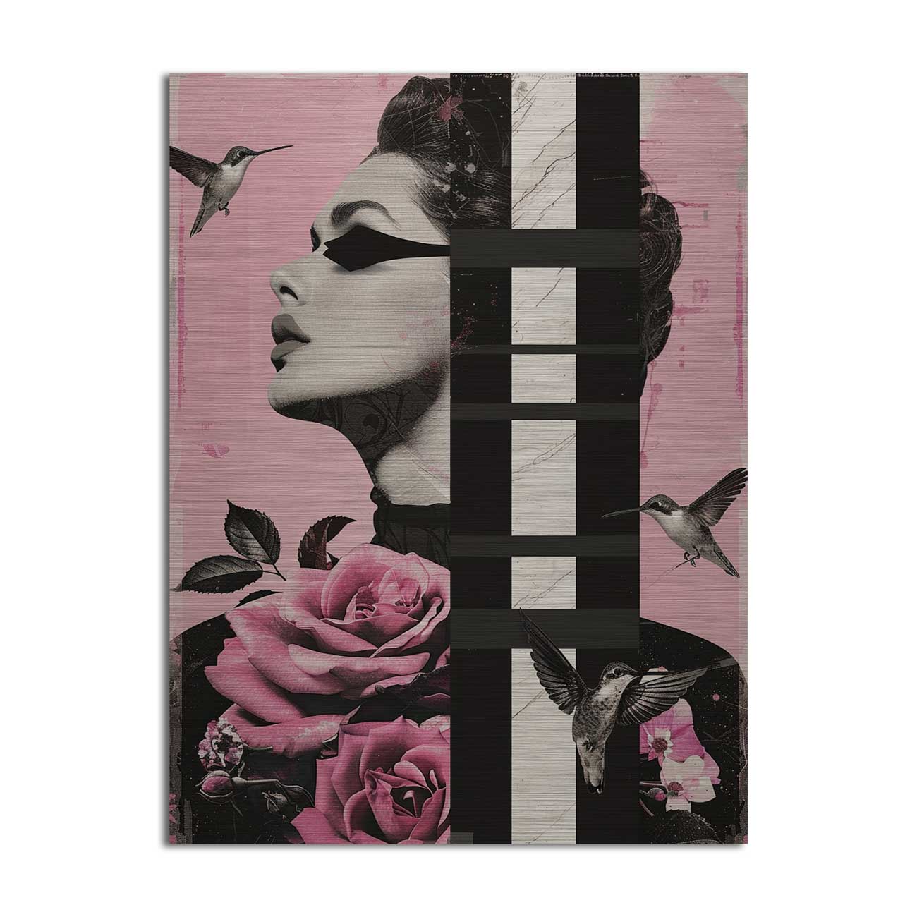 Modern pink female portrait with roses, hummingbirds and graphic elements