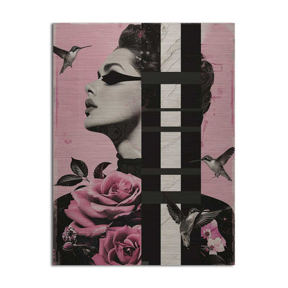 Modern pink female portrait with roses, hummingbirds and graphic elements