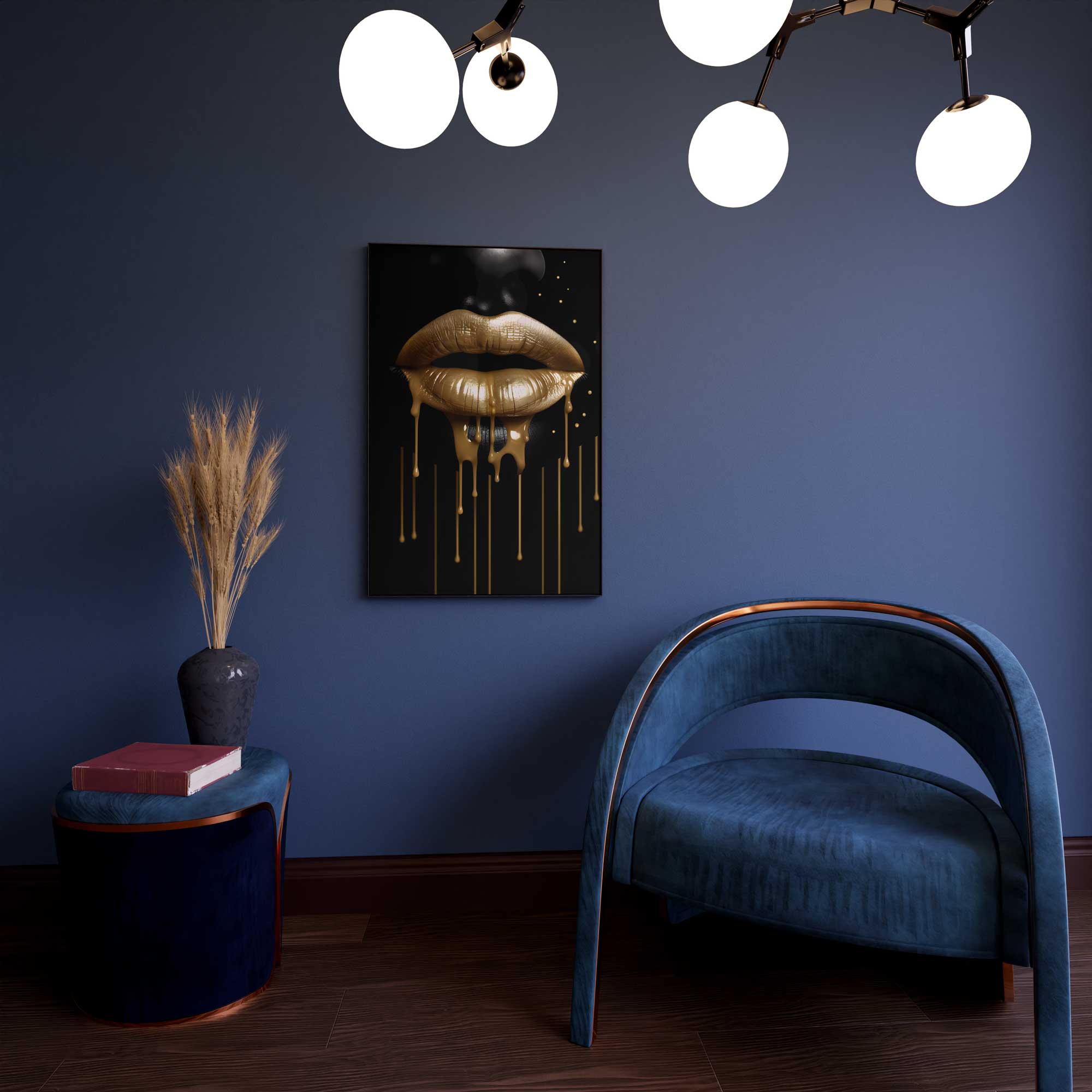 interior detail print blue golden lips print art metal aliminium