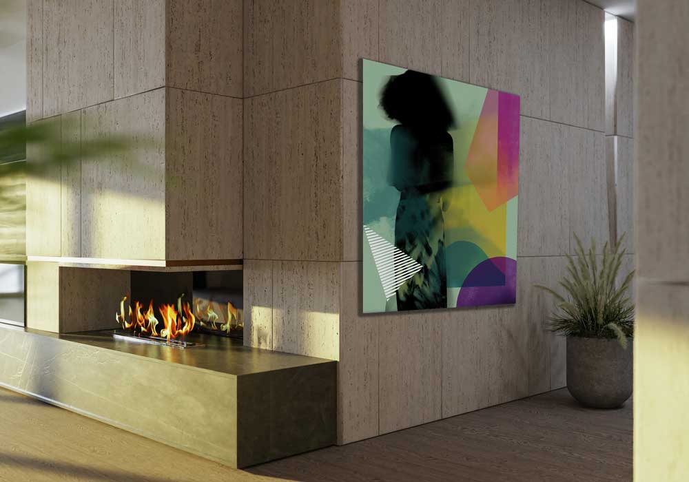 Drobės paveikslas „Spalvų Ritmas“ – spalvinga abstrakcija su moters siluetu moderniam interjerui.