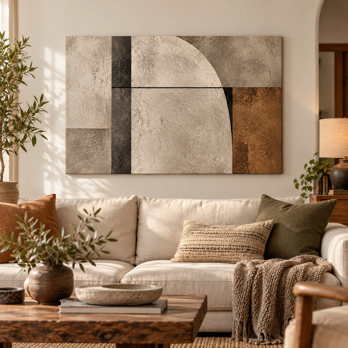 Quiet Structure canvas print — displayed above a beige living-room sofa