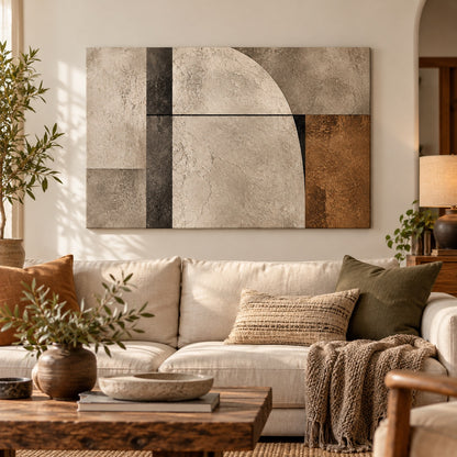 Quiet Structure canvas print — displayed above a beige living-room sofa