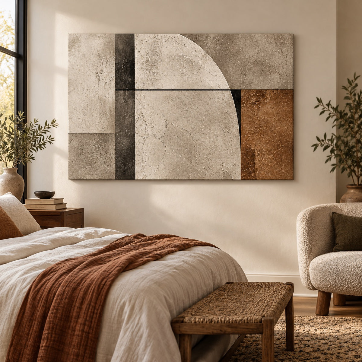 Quiet Structure canvas print — displayed above a bedroom bed