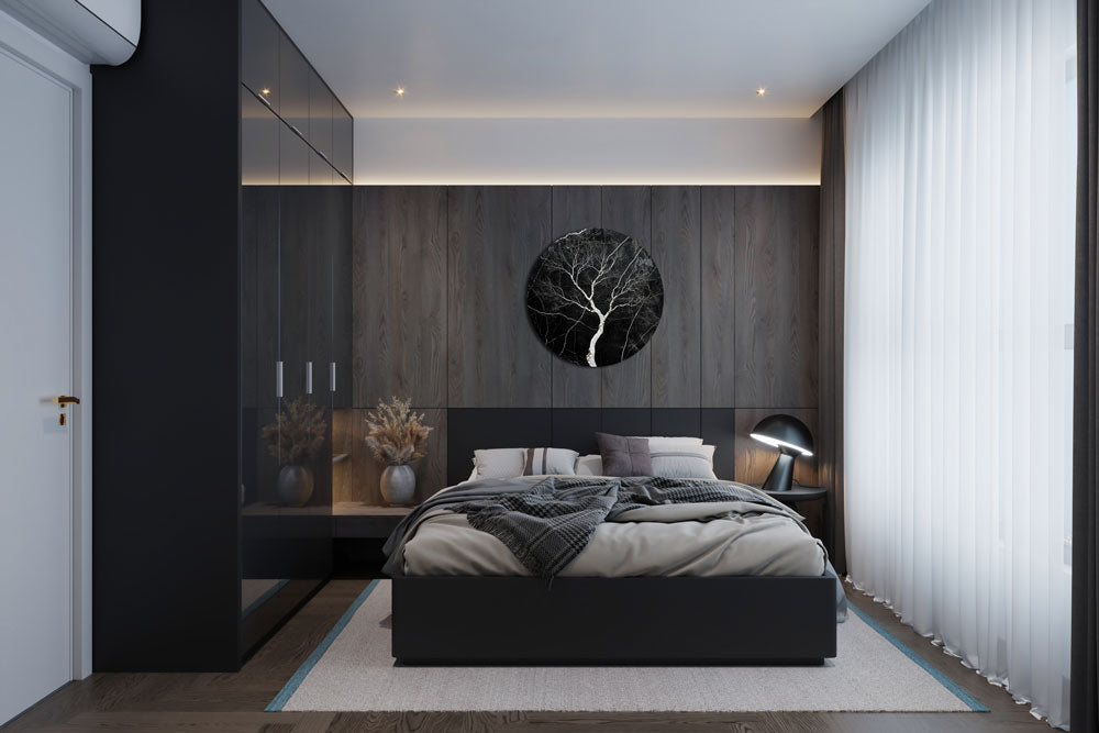 Apvalus aliuminio paveikslas „Baltasis Medis“ su baltomis lako detalėmis