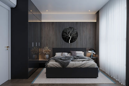 Apvalus aliuminio paveikslas „Baltasis Medis“ su baltomis lako detalėmis