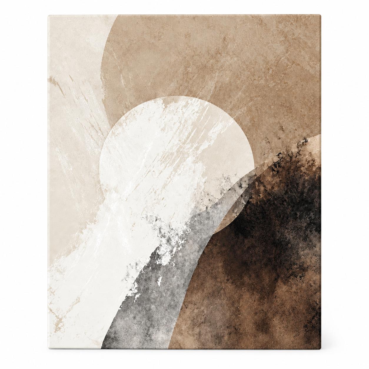 Quiet Horizon canvas print — abstract beige, brown, and grey composition with a large circular motif, shown on white