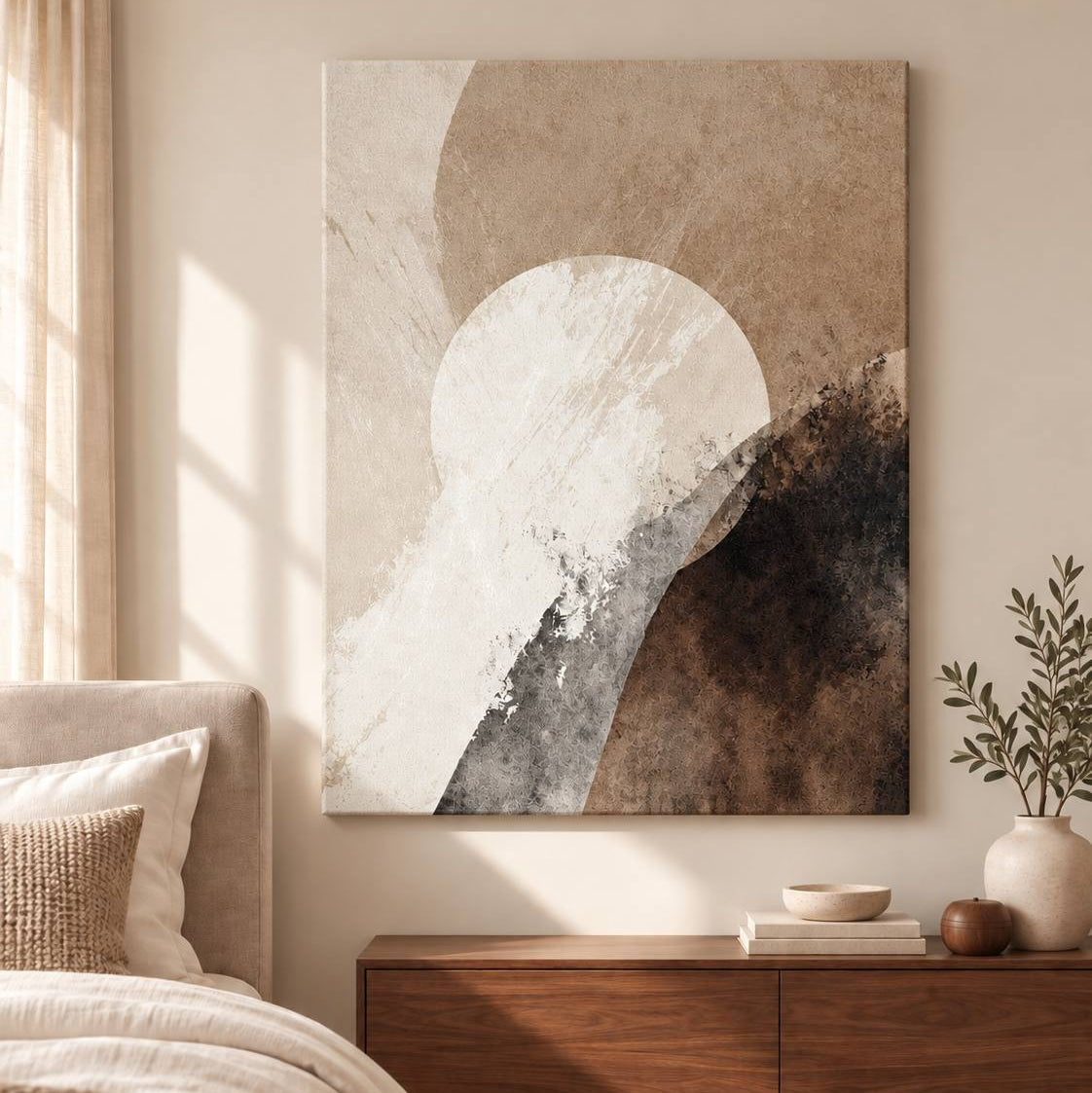 Quiet Horizon canvas print displayed above a wooden credenza in a warm neutral bedroom