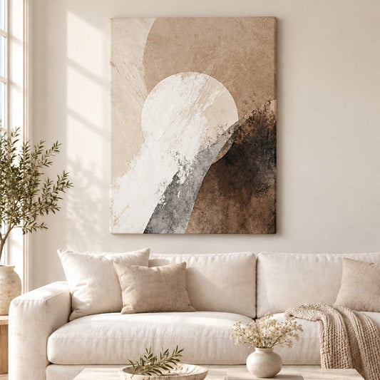 Quiet Horizon canvas print displayed above a cream sofa in a bright living room