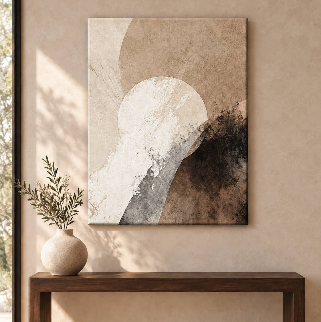 Quiet Horizon canvas print displayed above a wooden console table in a minimalist entryway