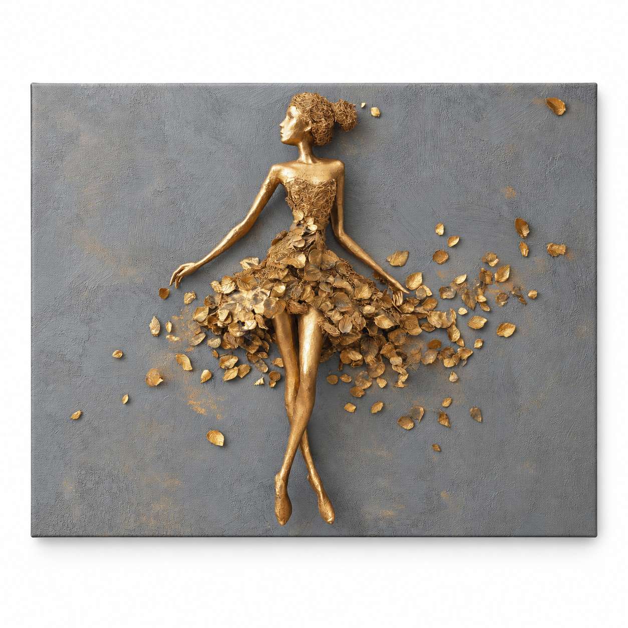 Gilded Ballerina canvas print — sculptural gold ballerina figure with a petal-layered dress on a textured grey background, shown on white
