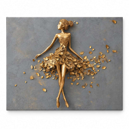 Gilded Ballerina canvas print — sculptural gold ballerina figure with a petal-layered dress on a textured grey background, shown on white
