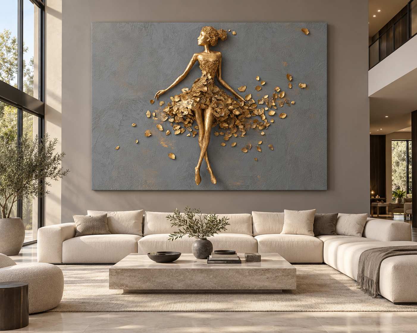 Gilded Ballerina canvas print displayed above a beige sofa in a modern living room