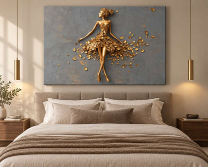 Gilded Ballerina canvas print displayed above a bed in a warm neutral bedroom