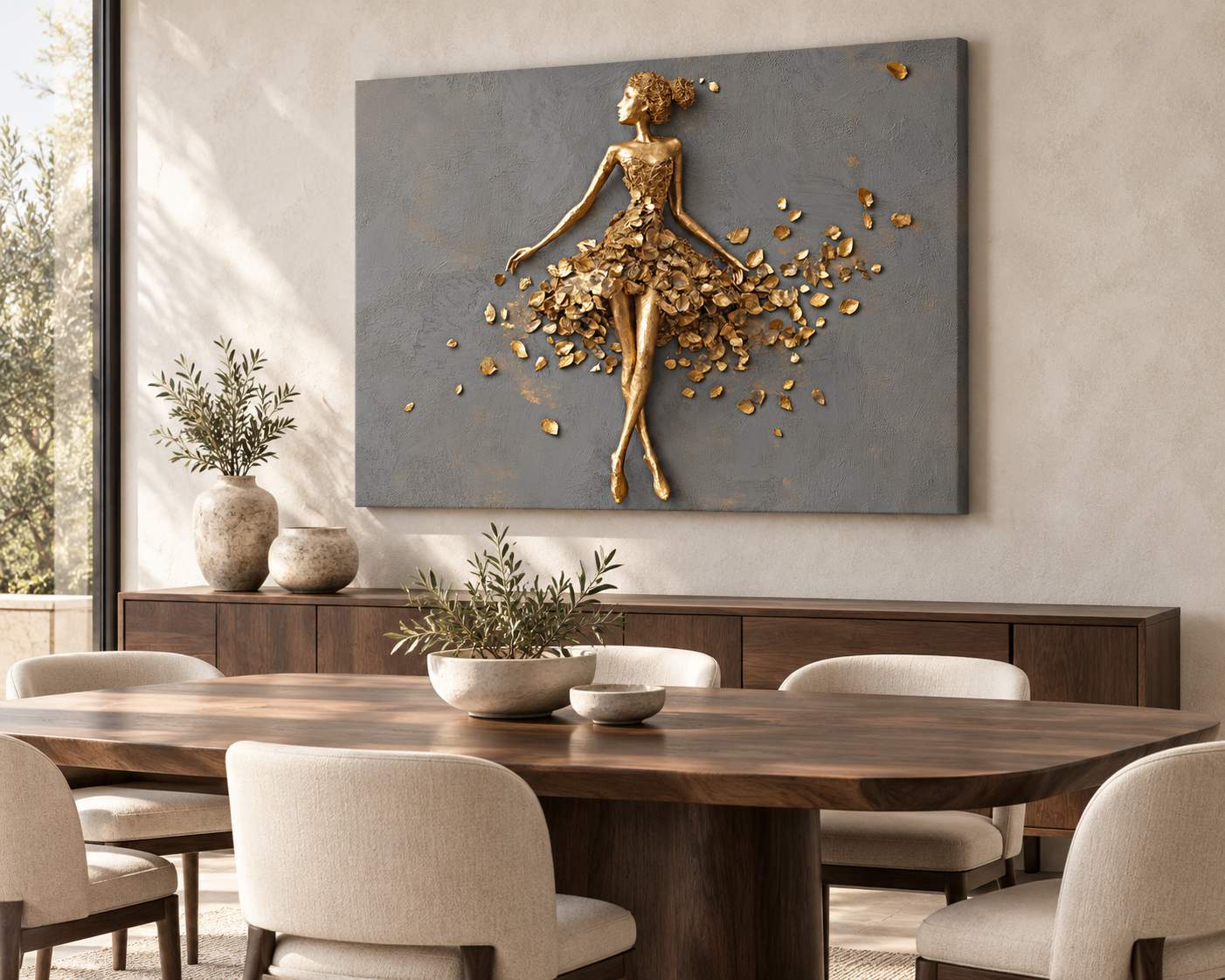 Gilded Ballerina canvas print displayed above a sideboard in a dining room