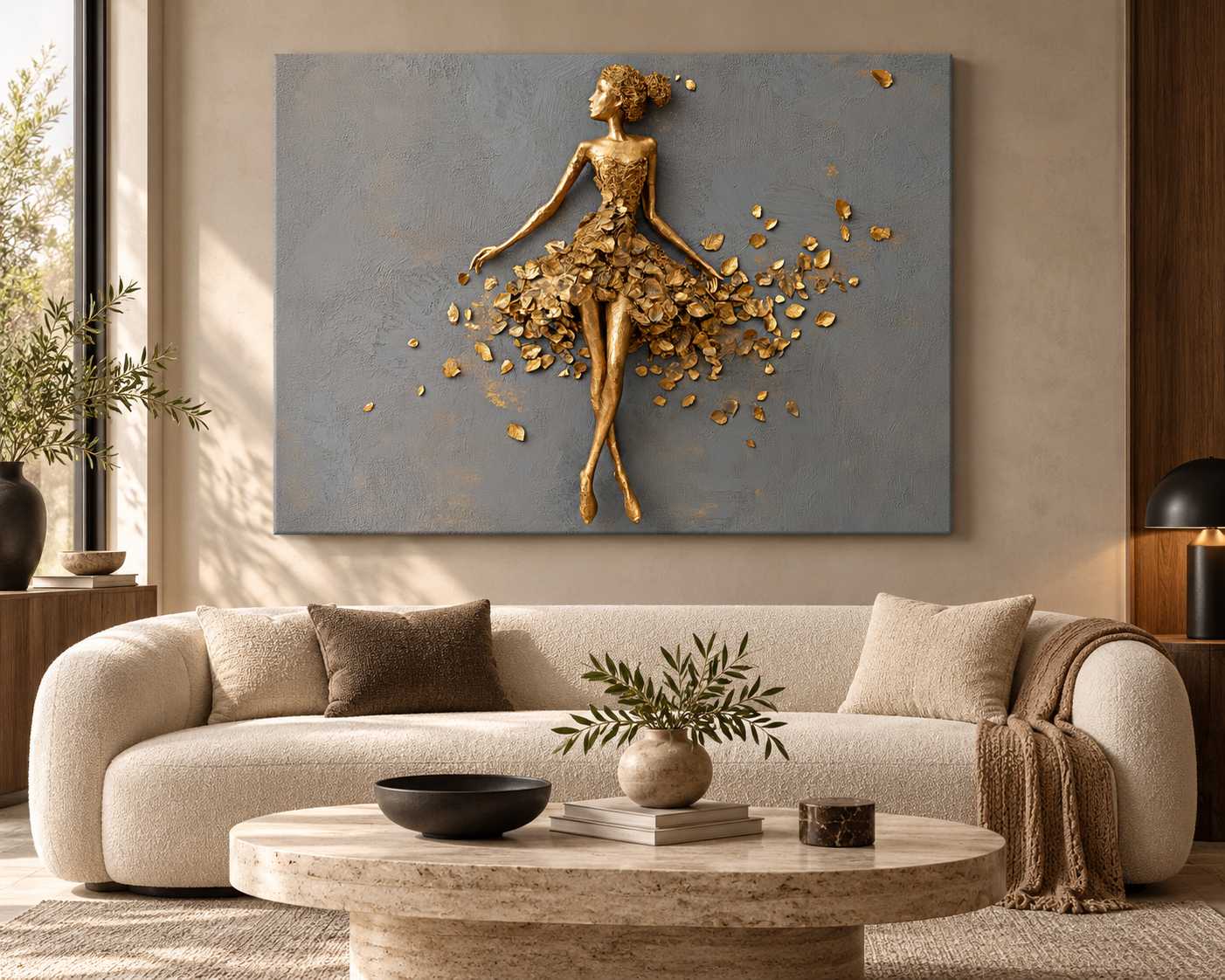 Gilded Ballerina canvas print displayed above a cream sofa in a modern living room