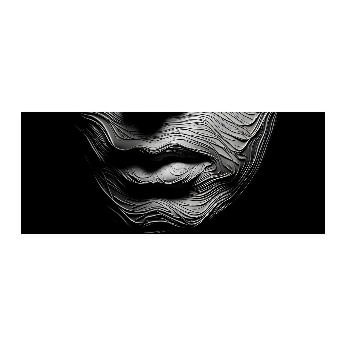 Black and white textured canvas print of wavy ridged lips close-up, shown on white, panoramic format