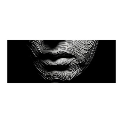Black and white textured canvas print of wavy ridged lips close-up, shown on white, panoramic format