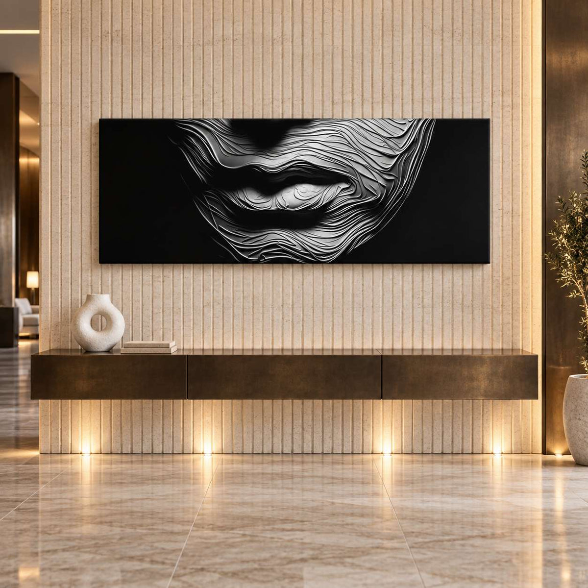 Black and white textured lips canvas print displayed above a floating console in a warm wood-panelled hallway