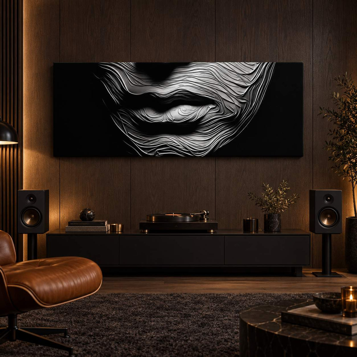 Black and white textured lips canvas print displayed above a media console with a turntable in a cozy den