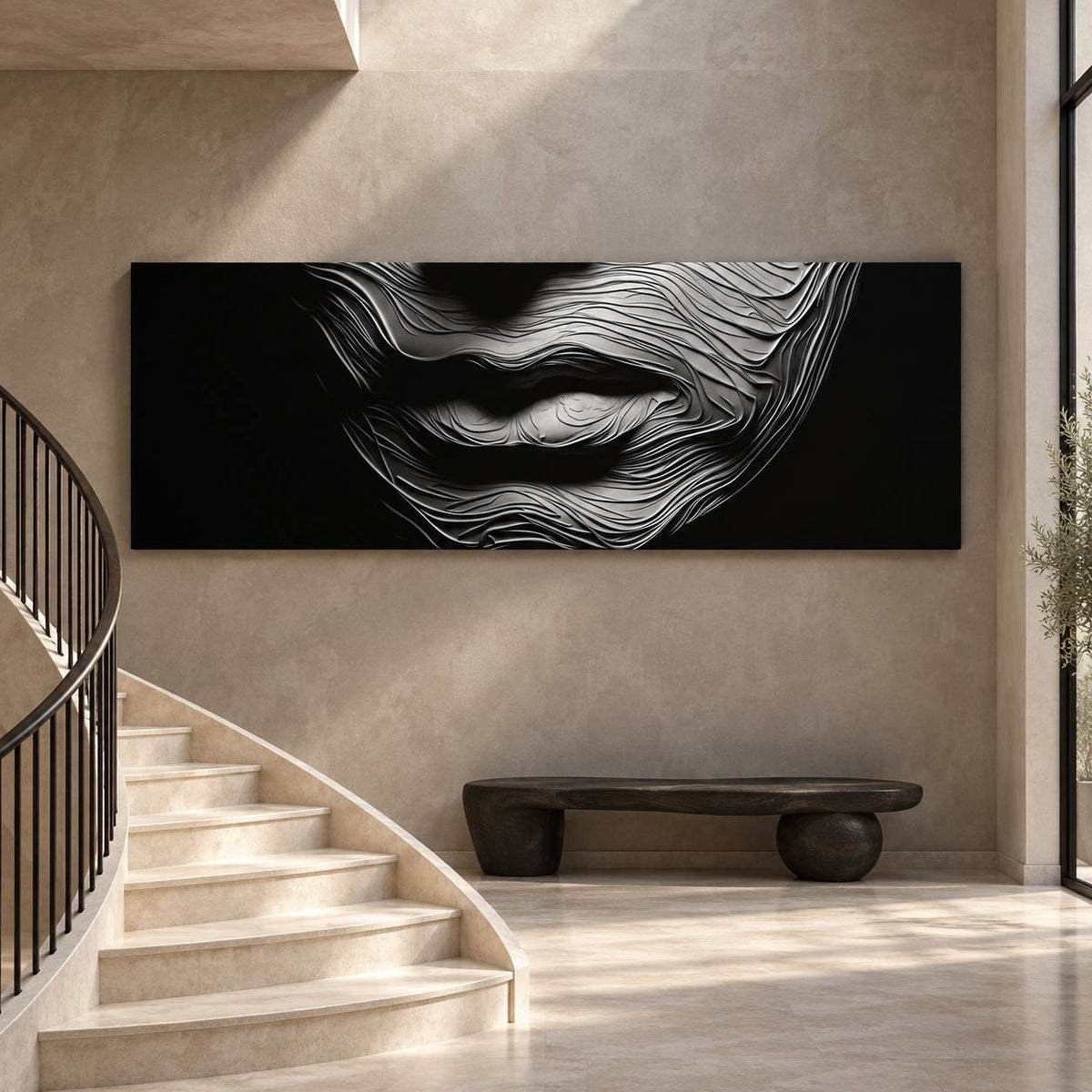 Black and white textured lips canvas print displayed above a beige sectional sofa in a modern living room