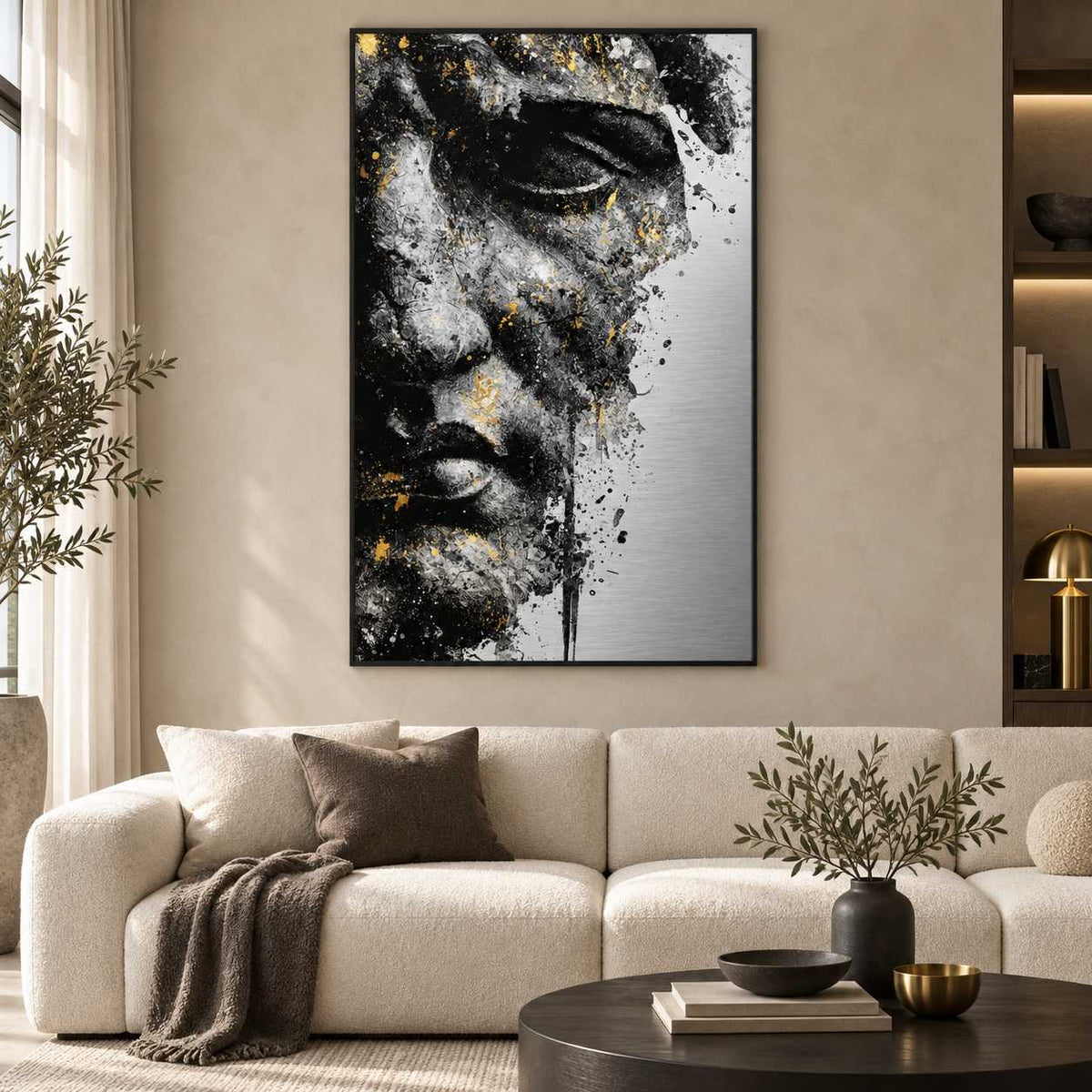 Fractured Muse aluminium print with a black frame displayed above a beige sofa in a modern living room