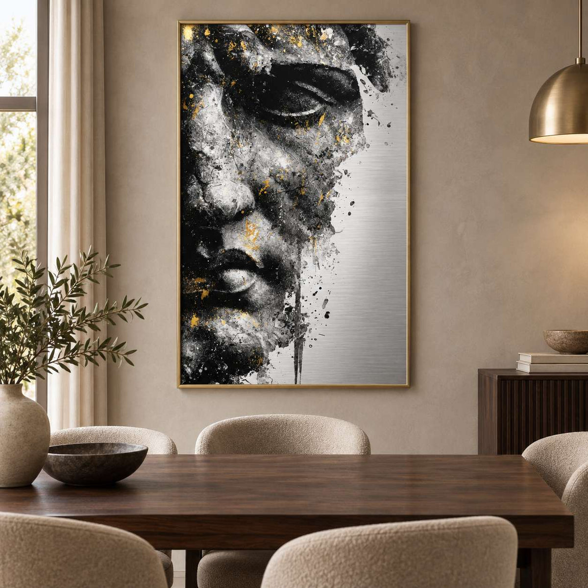 Fractured Muse aluminium print with a gold frame displayed on the wall of a dining room