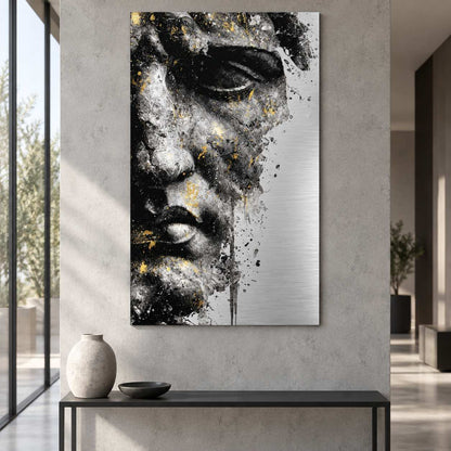 Fractured Muse aluminium print displayed frameless above a console table in an entryway hallway