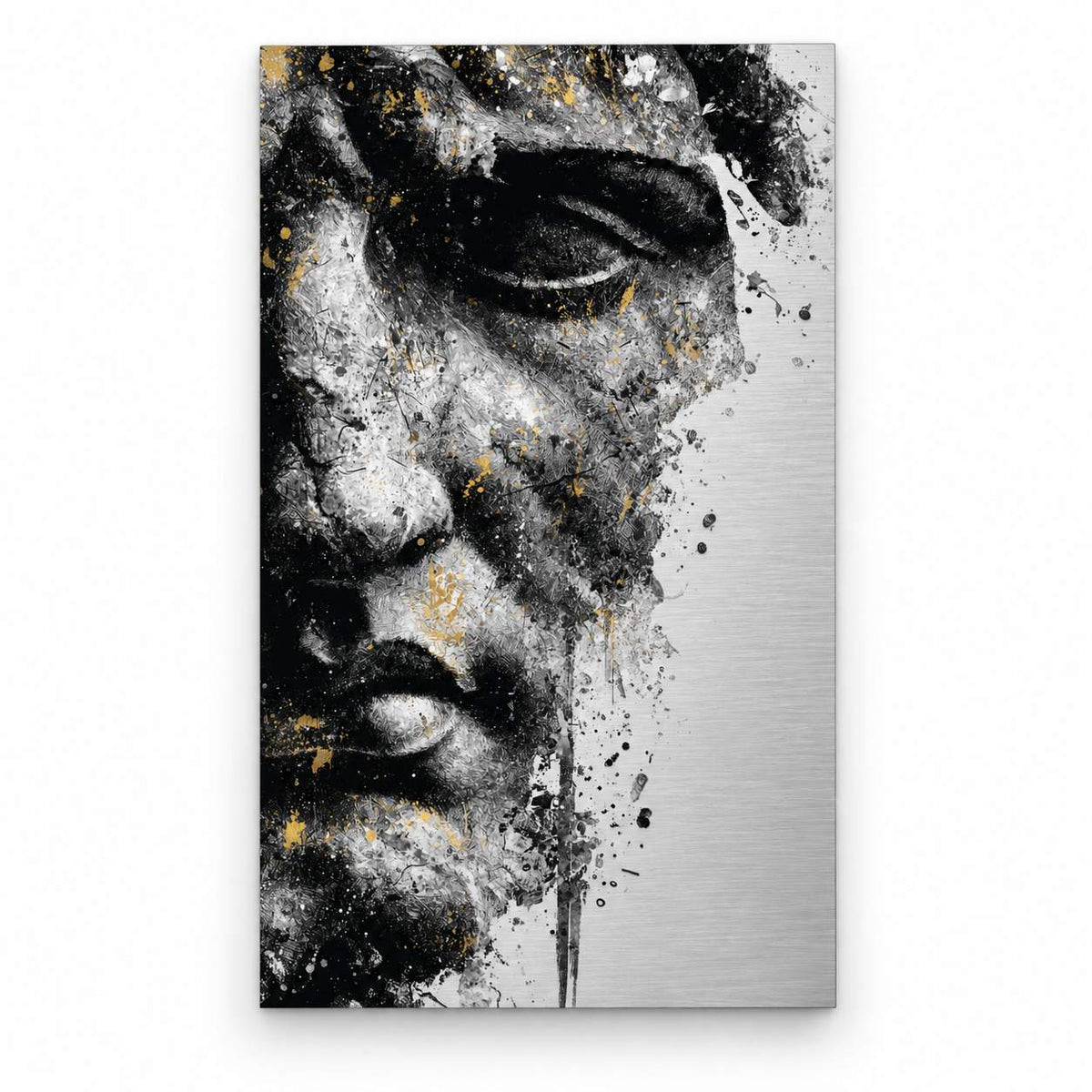 Fractured Muse aluminium print with a weathered black and white portrait and gold-toned varnish details, shown frameless on a white background