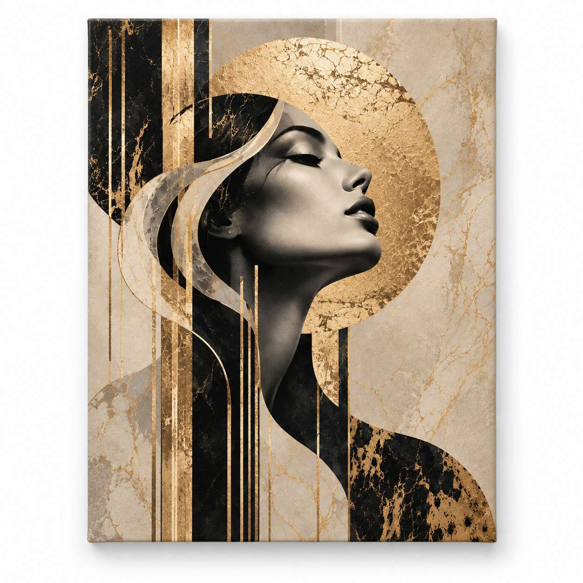 Abstract canvas print of a woman's profile in black and gold tones with a golden circular halo and marbled black-and-gold vertical stripes, shown on white, Canvas + Varnish