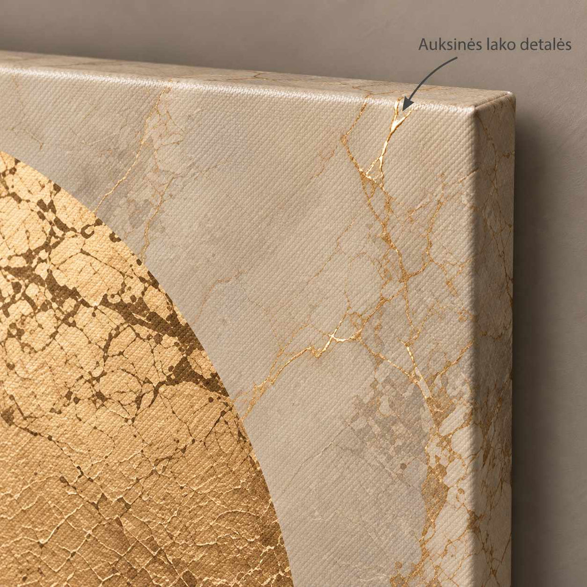 Close-up of a canvas corner showing gold-toned marbled details coated with glossy varnish, mounted on a wooden stretcher frame