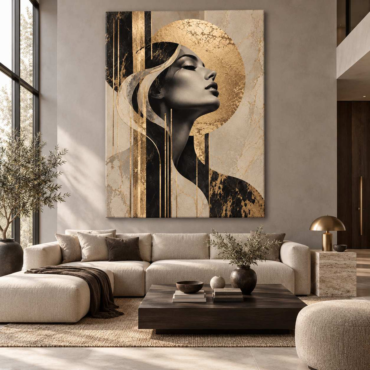 Abstract gold and black portrait canvas print displayed above a beige sectional sofa in a bright living room