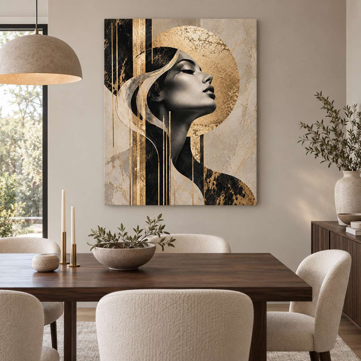 Abstract gold and black portrait canvas print displayed on a dining room wall beneath a pendant light