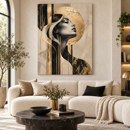 Abstract gold and black portrait canvas print displayed above a cream sofa with a black accent pillow
