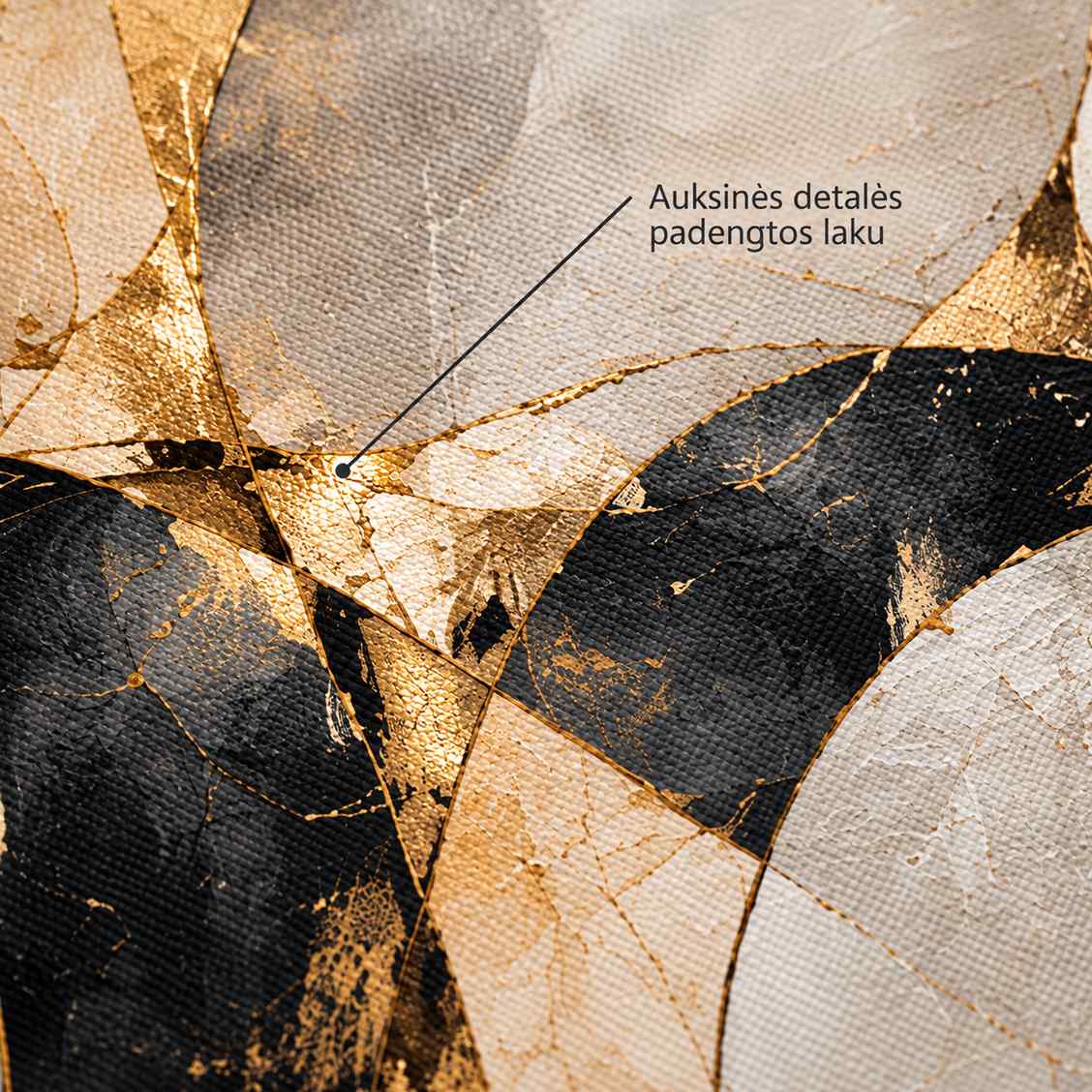 Close-up of a canvas surface showing gold-toned veined details coated with glossy varnish between stone-like shapes