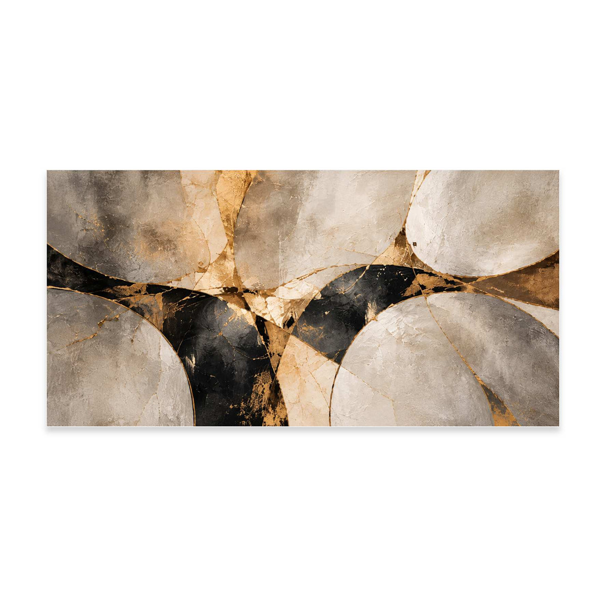 Abstract canvas print of overlapping round stone-like shapes in cream, grey, and black with gold veining, shown on white, Canvas + Varnish