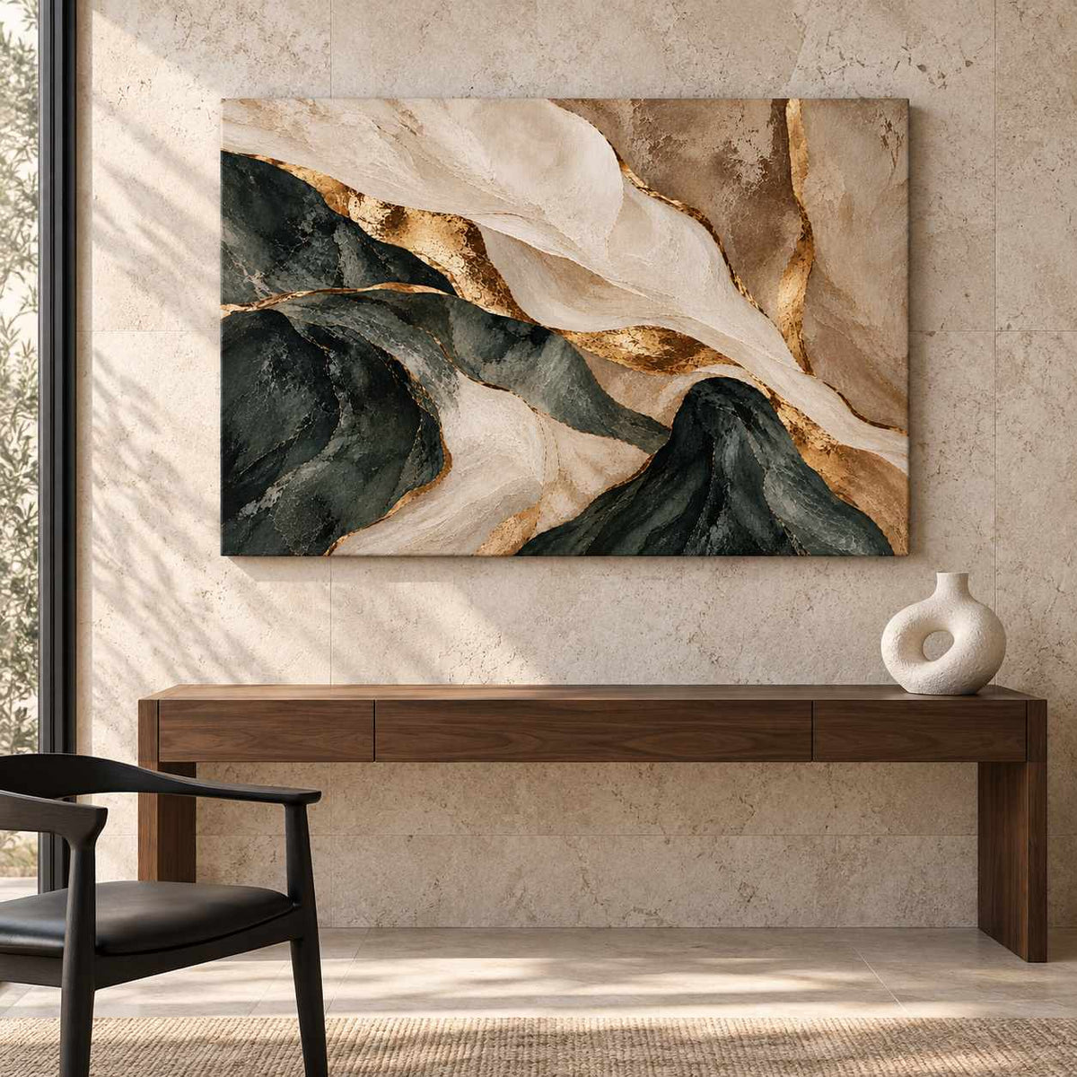 Abstract green, cream, and gold marbled canvas print displayed above a wooden console table with a black accent chair