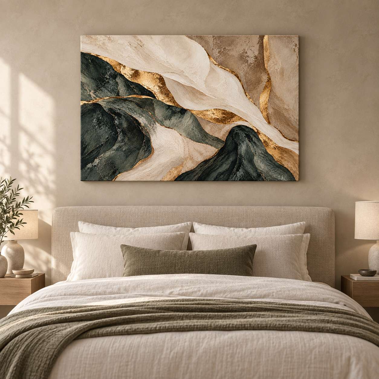 Abstract green, cream, and gold marbled canvas print displayed above a bed in a warm neutral bedroom