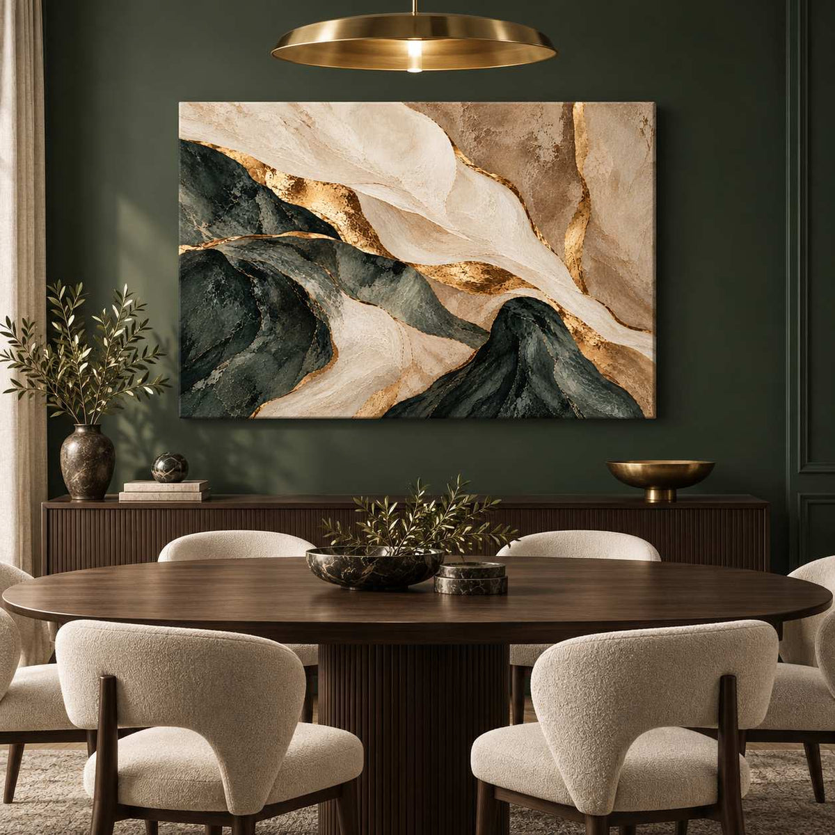 Abstract green, cream, and gold marbled canvas print displayed on a dark green dining room wall beneath a brass pendant light