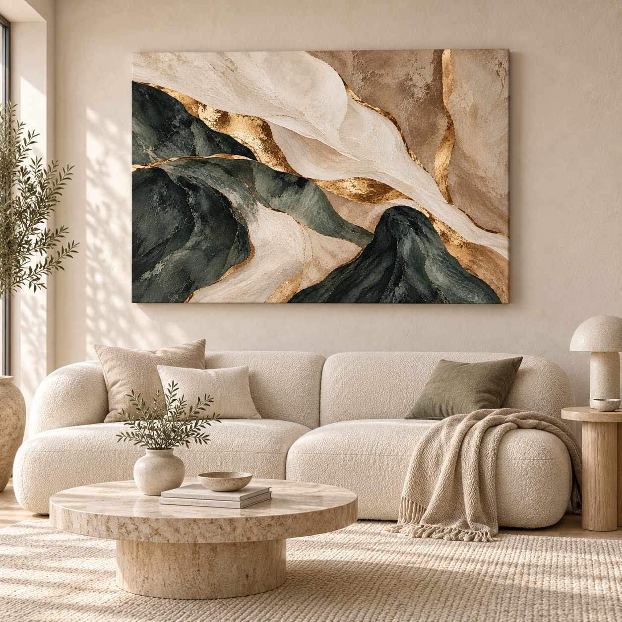 Abstract green, cream, and gold marbled canvas print displayed above a cream boucle sofa in a bright living room