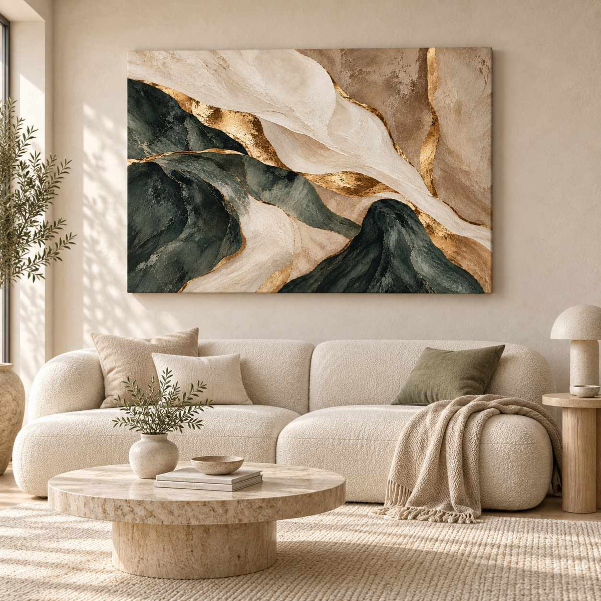 Abstract green, cream, and gold marbled canvas print displayed above a cream boucle sofa in a bright living room