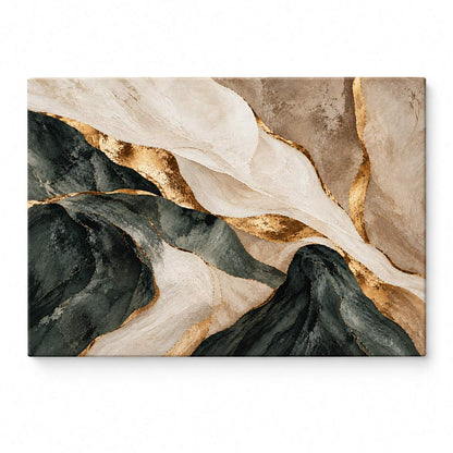 Abstract canvas print with flowing forest-green and cream marbled bands and gold veining, shown on white, Canvas + Varnish