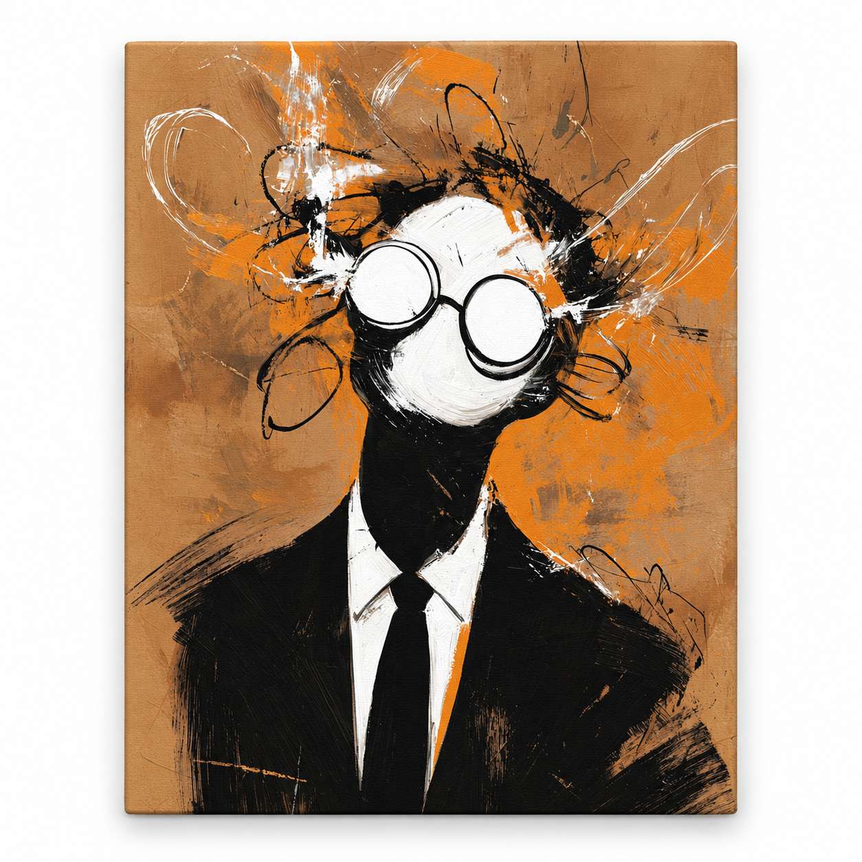 Abstract canvas print of a faceless figure in a black suit and tie, with round white-lensed glasses and expressive black-and-white brushwork hair, on a warm tan and orange background, shown on white