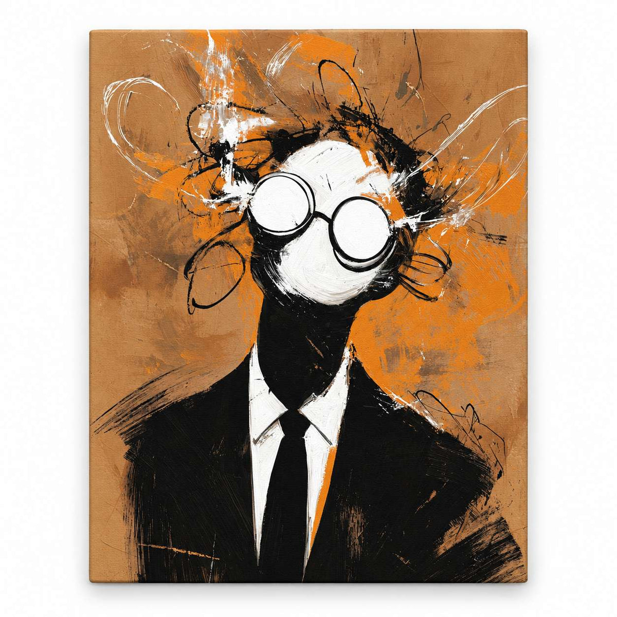 Abstract canvas print of a faceless figure in a black suit and tie, with round white-lensed glasses and expressive black-and-white brushwork hair, on a warm tan and orange background, shown on white